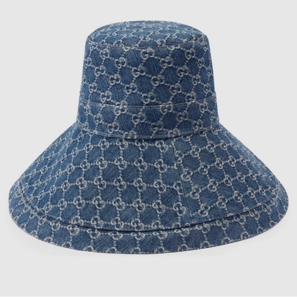 Denim Monogram Wide Large Brim Jacquard Bucket Hat Navy Blue Beach Sun Coverage - Picture 2 of 16